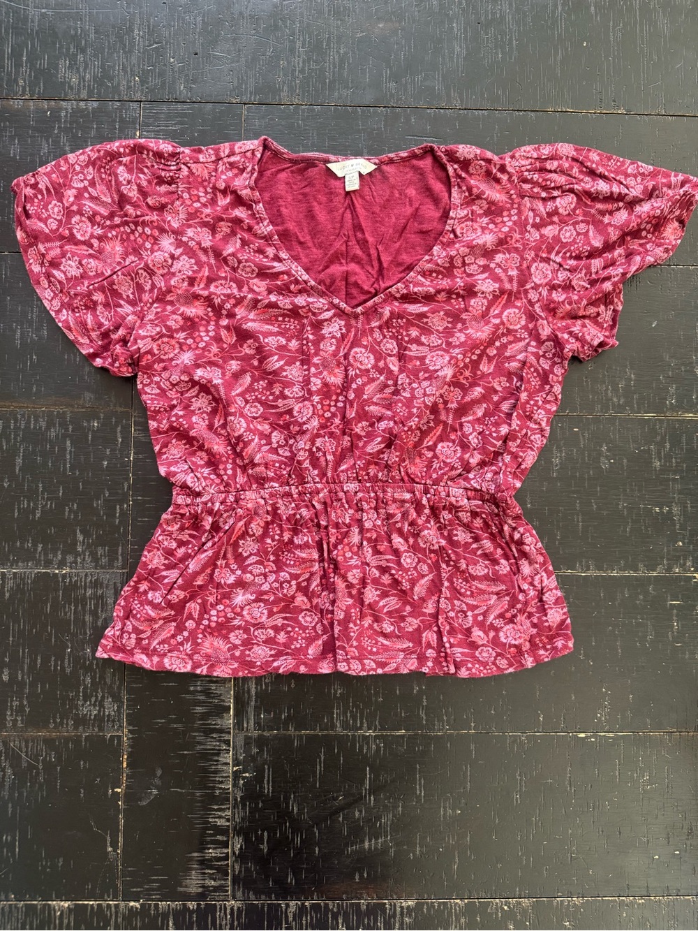 Lucky Brand Raspberry Floral V-Neck Peplum Blouse
